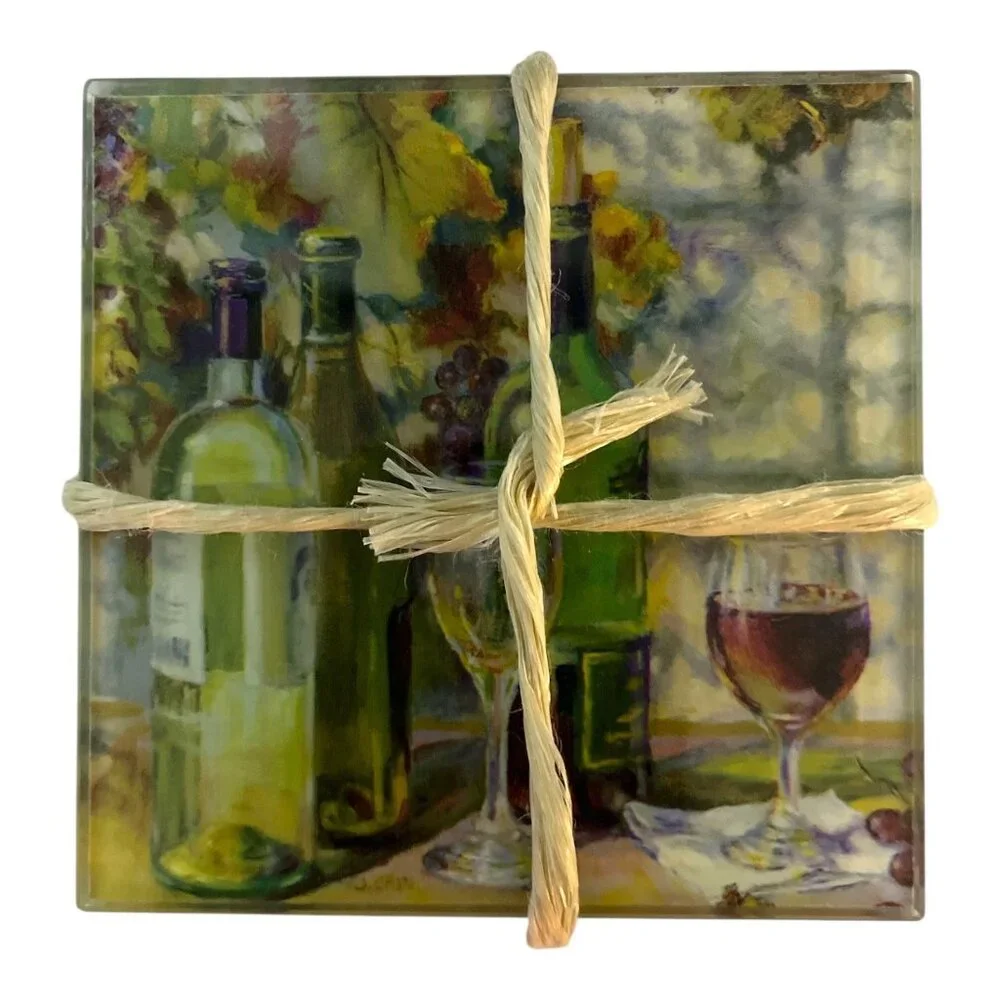 Vintage J. Cain Glass Coasters – Wine & Grapes Still Life Barware Kitchen Décor